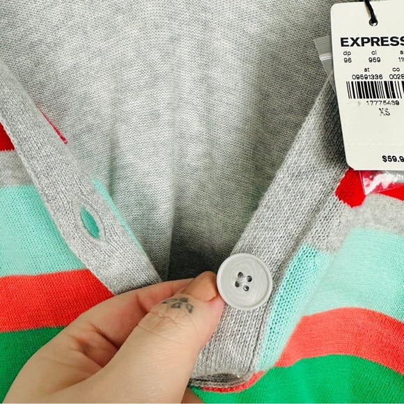 Express Varsity Striped Slouchy V Neck Button Down Rainbow Gray Knit Cardigan - Picture 7 of 11